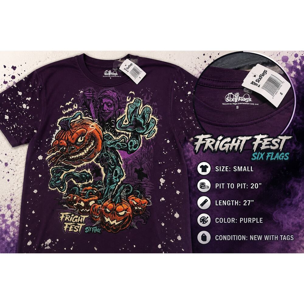 Six Flags Fright Fest Halloween Graphic T-Shirt Small Purple Horror Pumpkin NWT